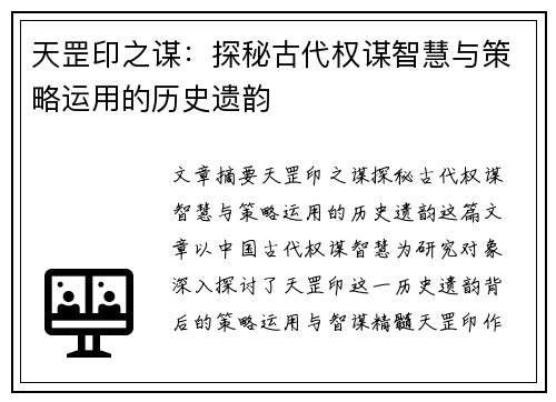 天罡印之谋：探秘古代权谋智慧与策略运用的历史遗韵