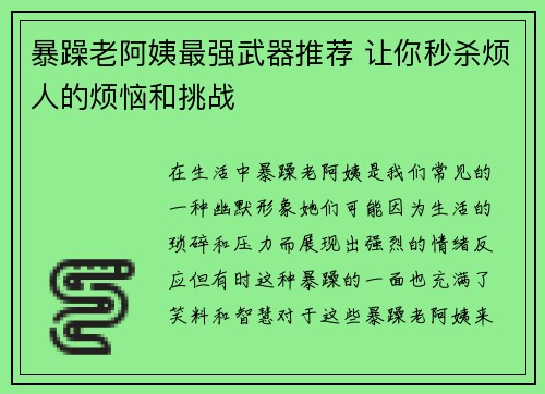 暴躁老阿姨最强武器推荐 让你秒杀烦人的烦恼和挑战